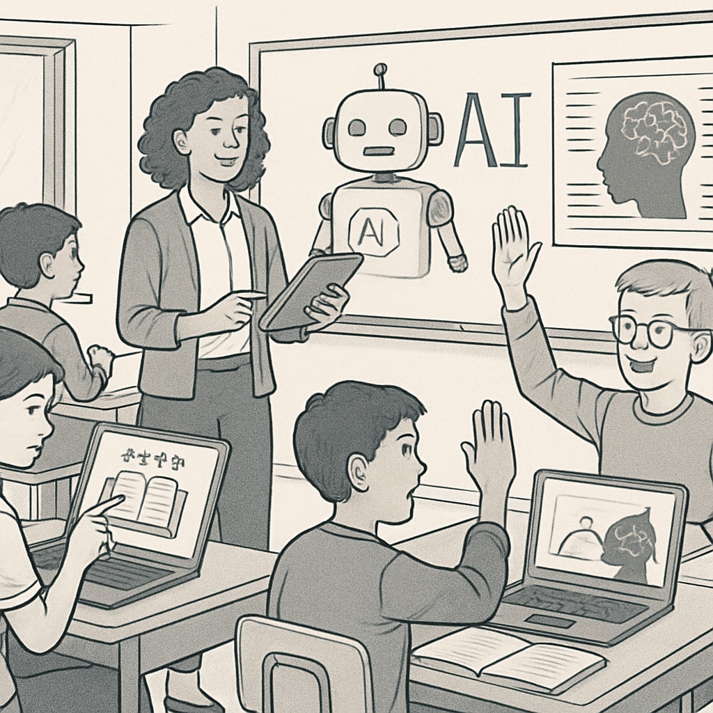 A classroom scene where students interact with AI-driven tools, representing the integration of artificial intelligence into education. Students using AI tools for enhanced assessments.