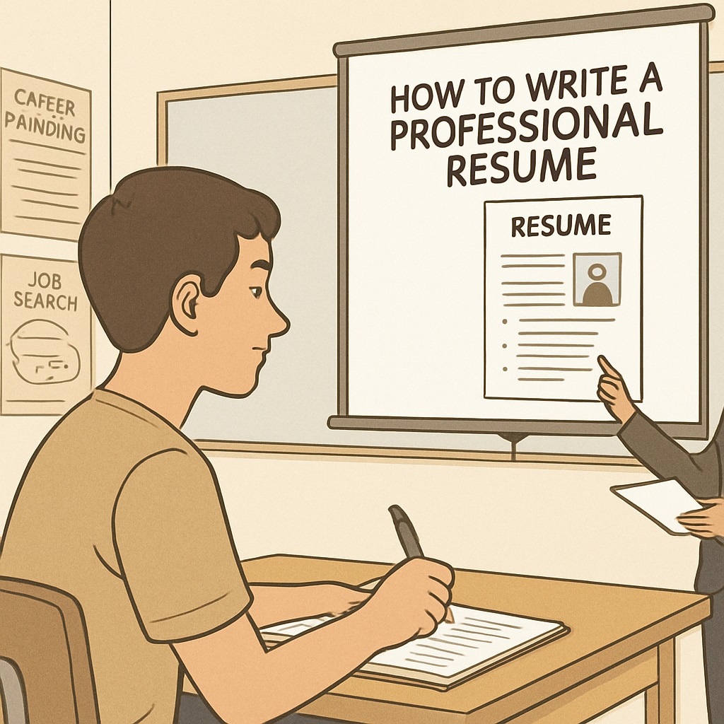 A student learning how to write a professional resume in a career-planning workshop. Student crafting a Canadian-style resume during a workshop.