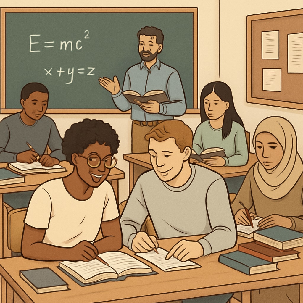 A diverse group of students in a classroom setting at a university, symbolizing accessible education at lower-ranked institutions. Students in a classroom at a lower-ranked university, showcasing educational opportunities.
