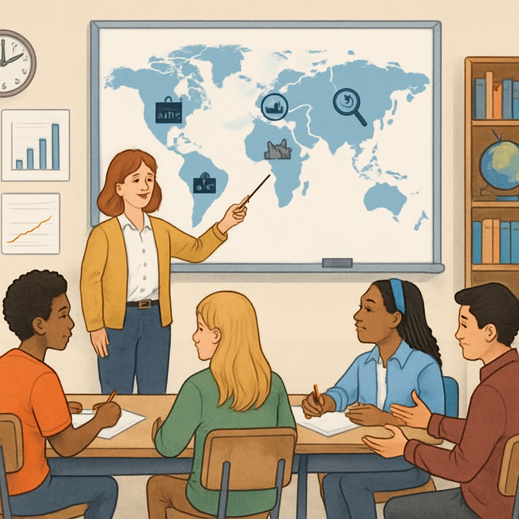 A classroom setting where students are introduced to global career trends and international job markets. Students discussing global career opportunities in a classroom.