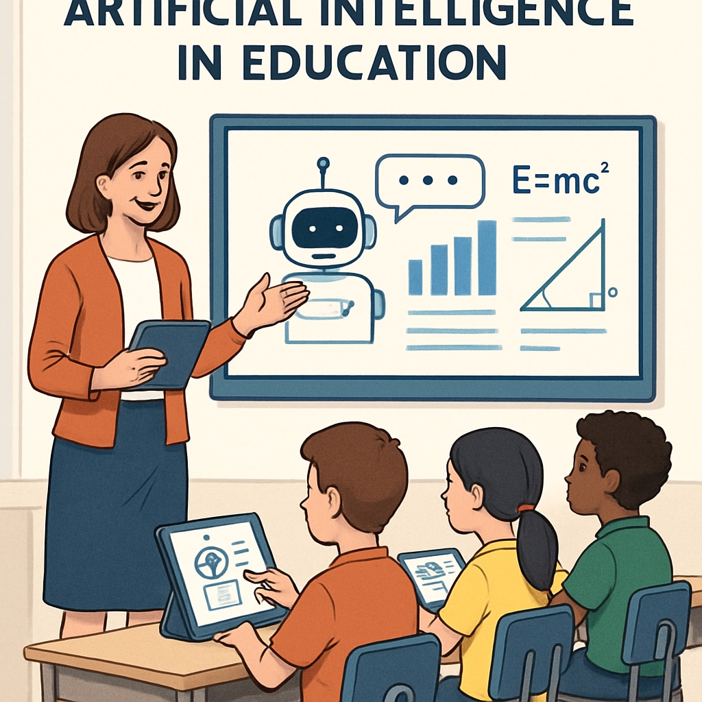 Artificial intelligence influencing education, teacher and students interacting with AI tools.