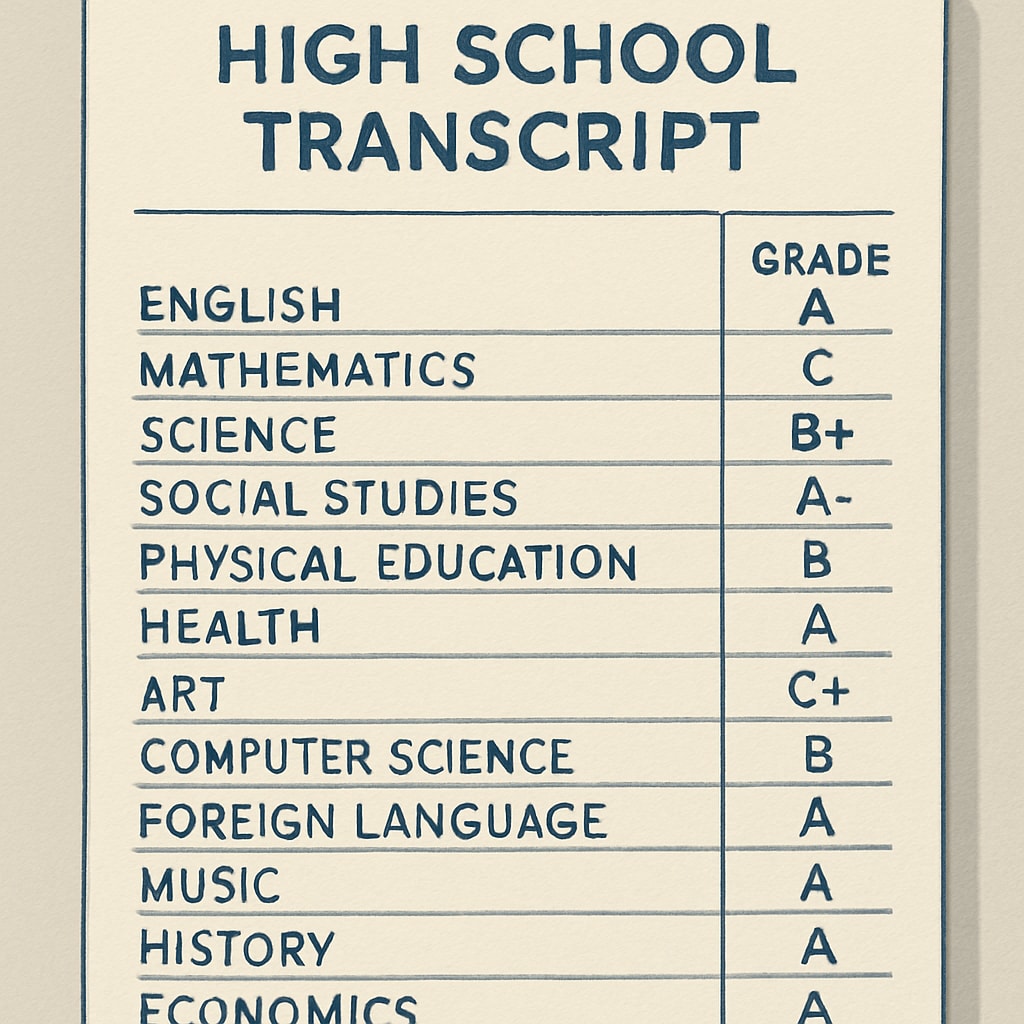 A high school transcript showing a mix of grades, symbolizing the diversity of academic profiles among applicants. High school transcript representing varied academic performance among Harvard applicants.