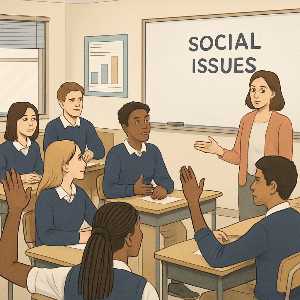 A group of high school students engaged in a classroom discussion about social issues. High school students discussing wokeness and social issues in a classroom setting.