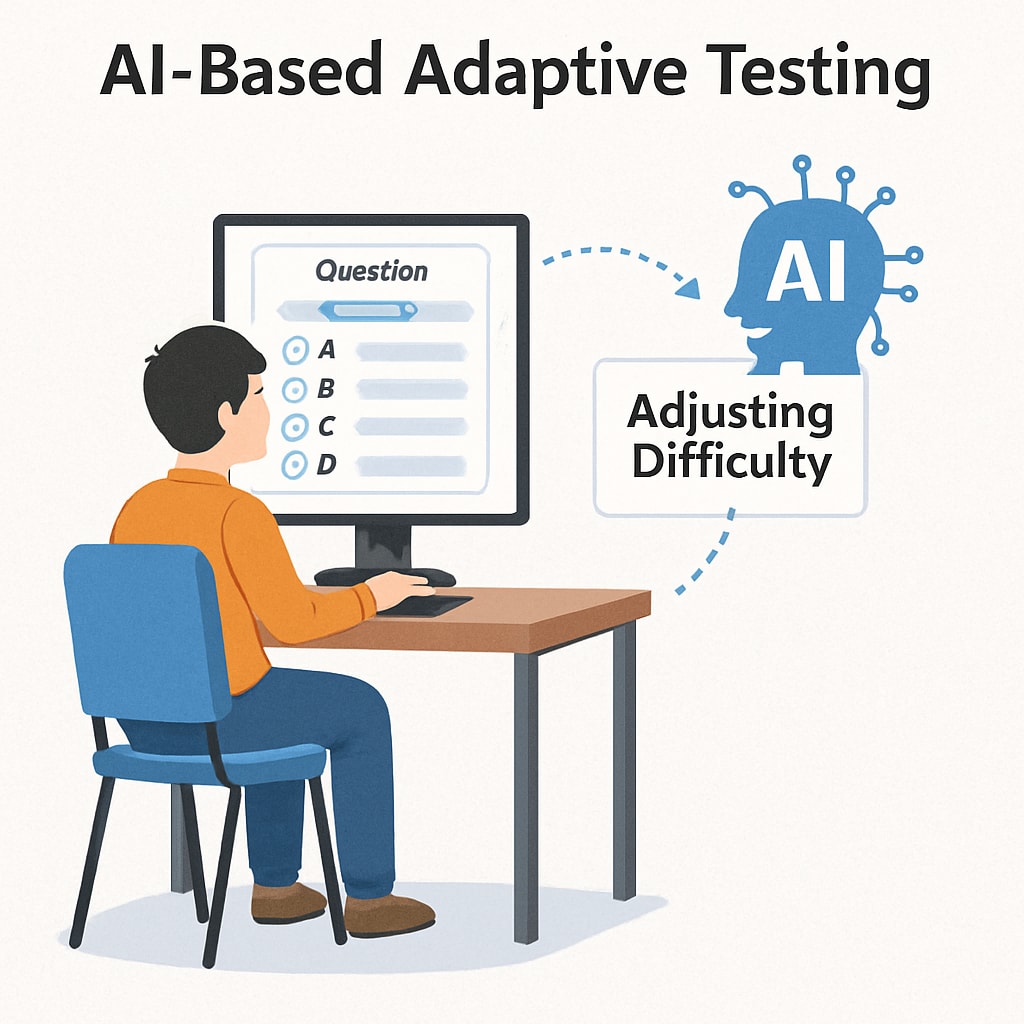 AI-based adaptive testing with a student working on a computer.