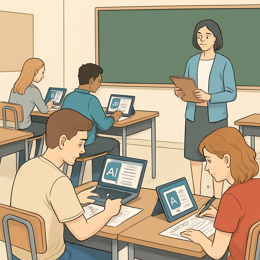 Students taking competitive exams with AI-assisted tools in a classroom setting.