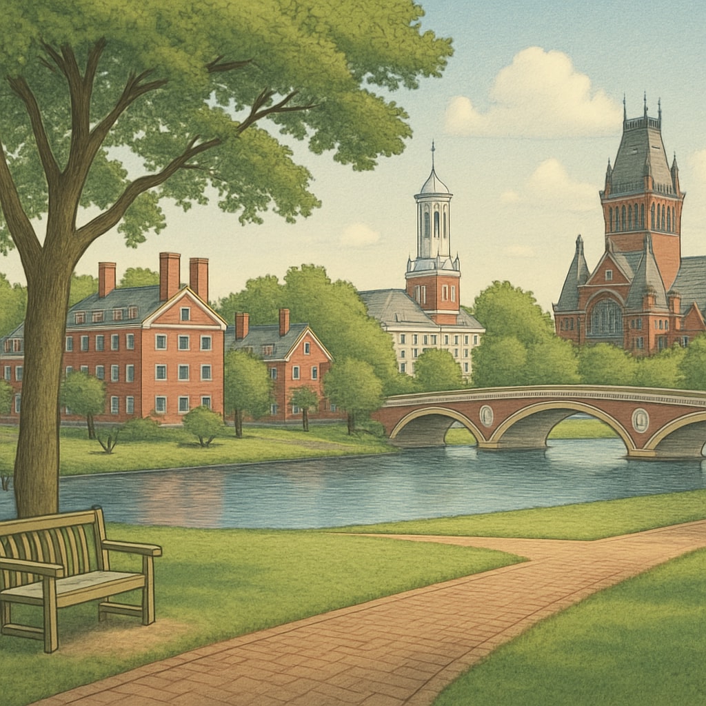 A scenic view of Harvard University's campus, representing the aspiration to attend elite universities. Harvard University campus view symbolizing academic dreams.