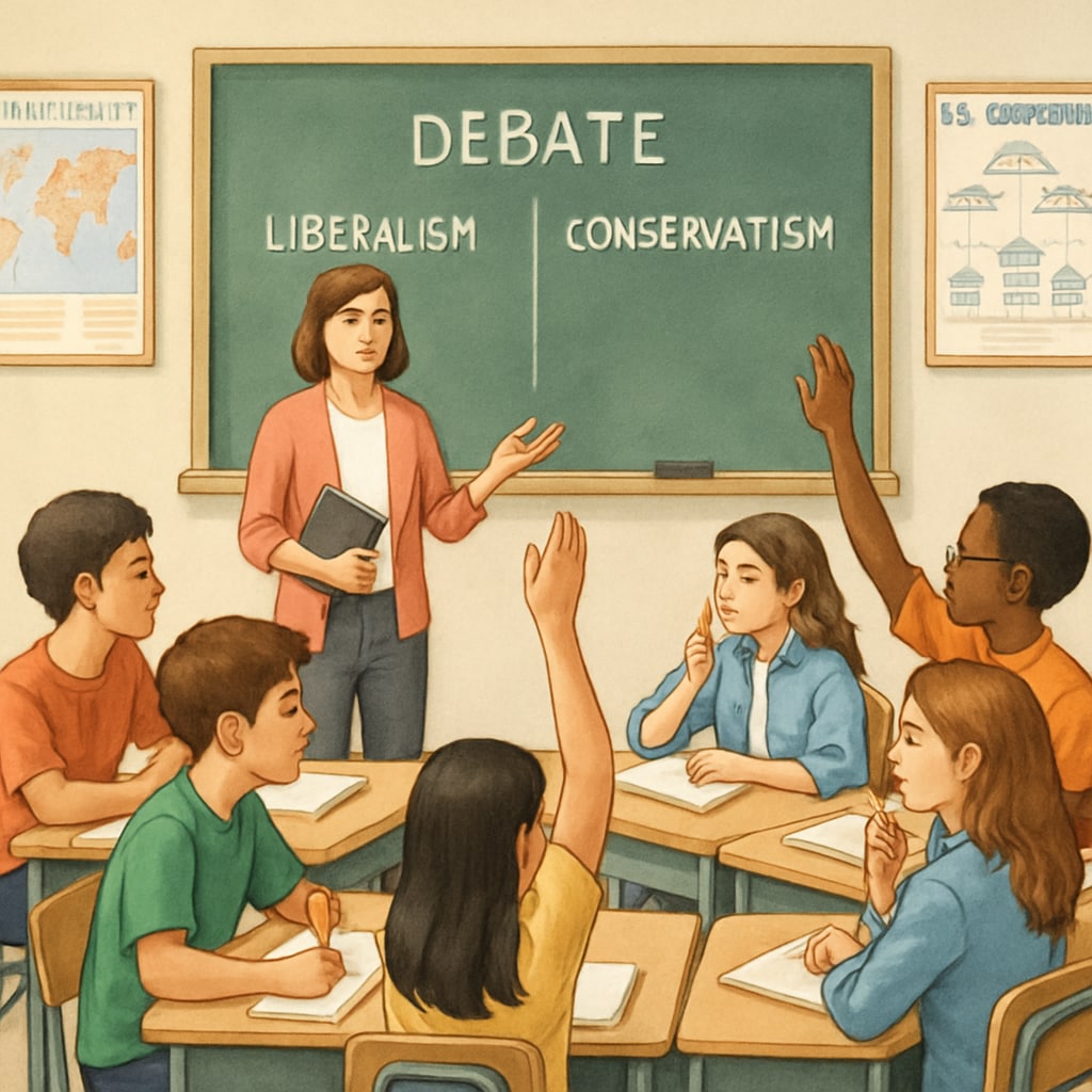 A teacher moderating a debate on political ideologies among middle school students. A teacher facilitating a discussion on political ideologies among K12 students.