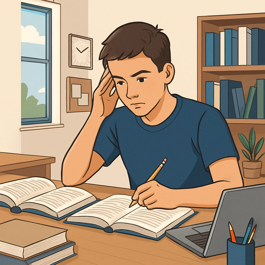 A thoughtful image showing a high school student studying intensively with books and a laptop, symbolizing perseverance and personal growth. Perseverance and personal growth in the face of single subject low scores