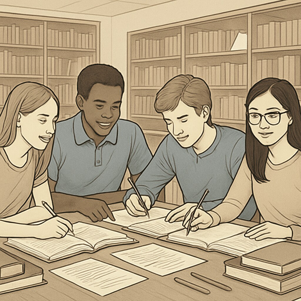 A group of high school students studying together in a library, representing collaborative learning. High school students studying in a library with educational resources.