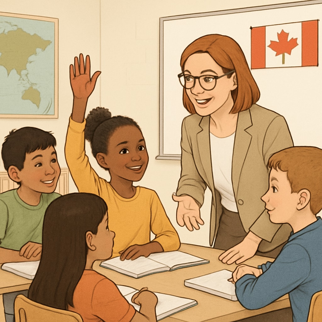 A teacher engaging with students in a Canadian classroom, emphasizing diversity and inclusivity. Diversity-focused Canadian classroom with teacher engaging students.