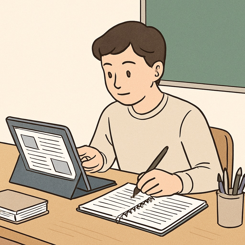 A student using a tablet and notebook to study, showcasing the integration of digital and traditional learning methods. A student combining digital and traditional resources for effective learning.