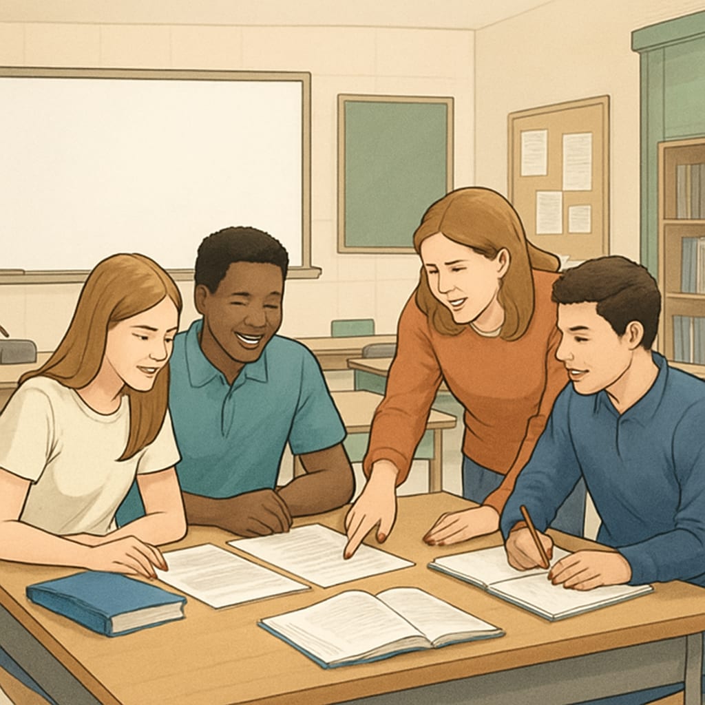 A high school classroom setting where students collaborate on a project, representing holistic learning and teamwork. Students collaborating in a classroom, emphasizing holistic learning