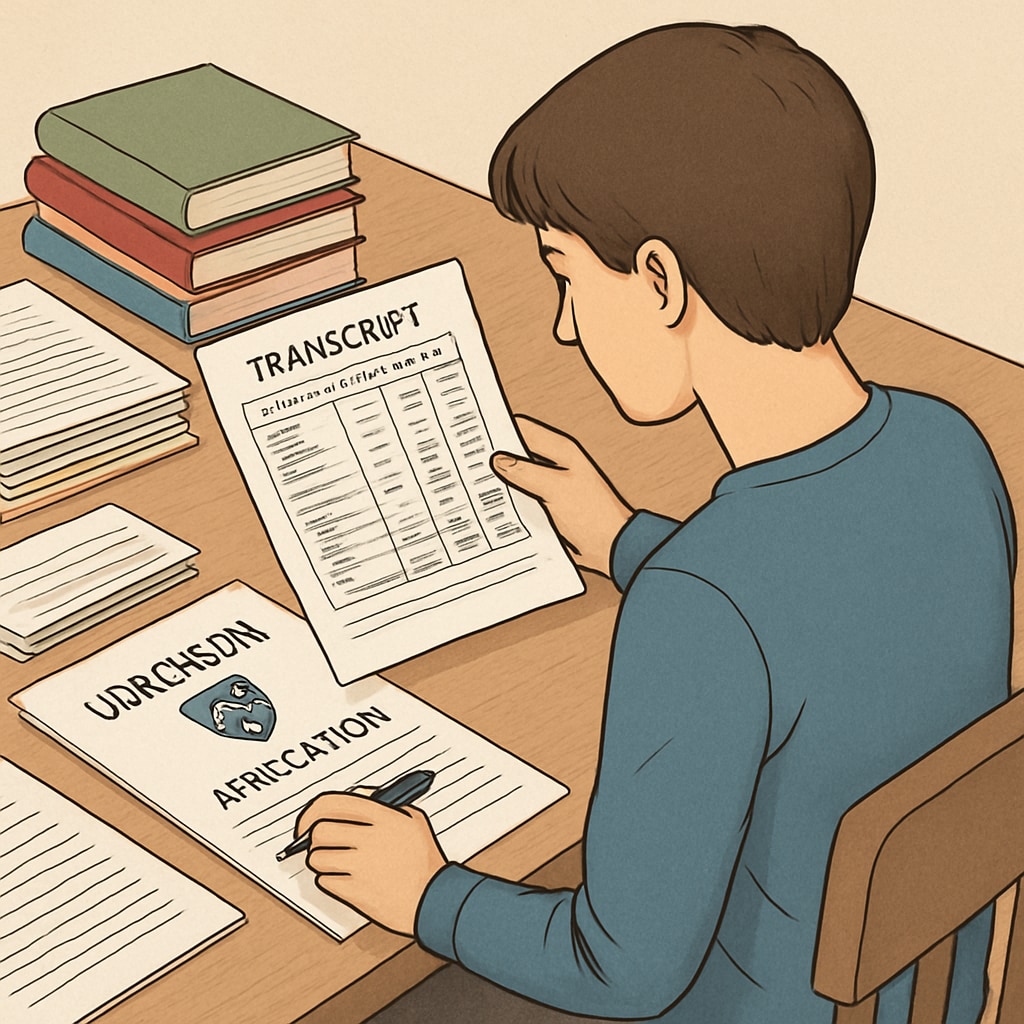 A student reviewing their transcript and application materials for a top university. Student reviewing transcript and application for Harvard admissions.