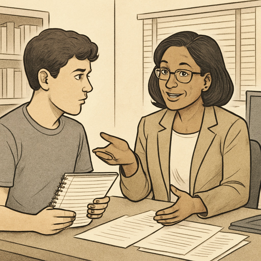 A high school student discussing course retake options with a counselor. High school student discussing course retakes for CALM with a counselor.
