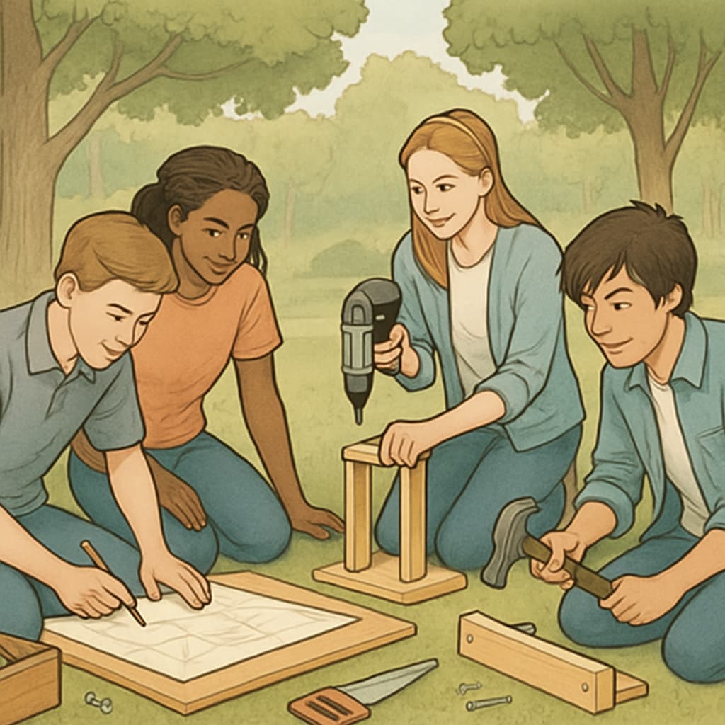 A group of high school students participating in an outdoor workshop, collaborating on a creative project. High school students engaging in extracurricular learning, collaborating on a workshop project.