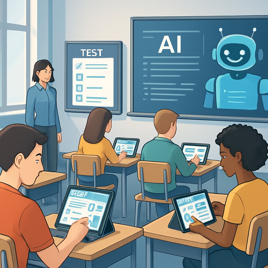 A futuristic classroom with students using AI-powered learning tools for examinations. AI-powered tools used in competitive exams, showcasing a modern classroom setup.