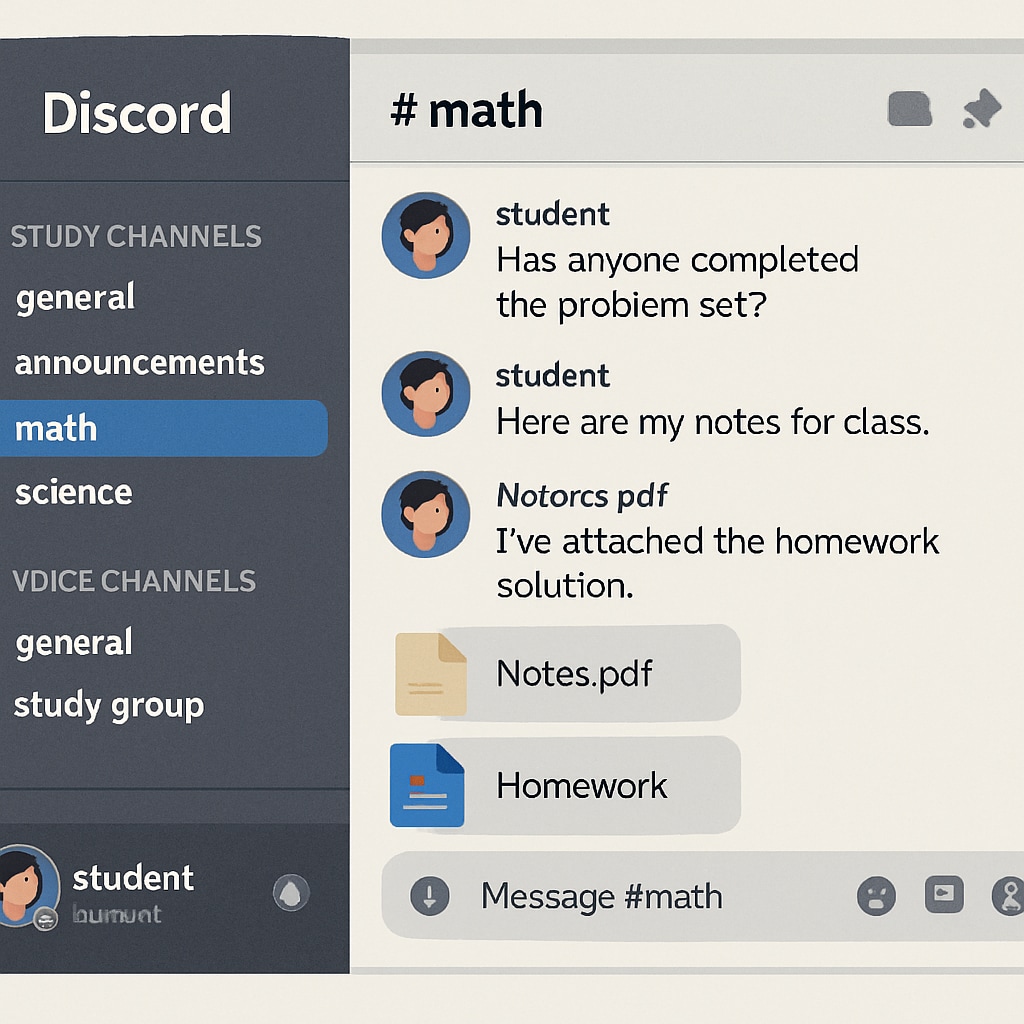 A screenshot of a Discord server interface showing organized study channels, voice chat options, and file sharing features. Discord interface for study groups with organized channels and voice chat features.