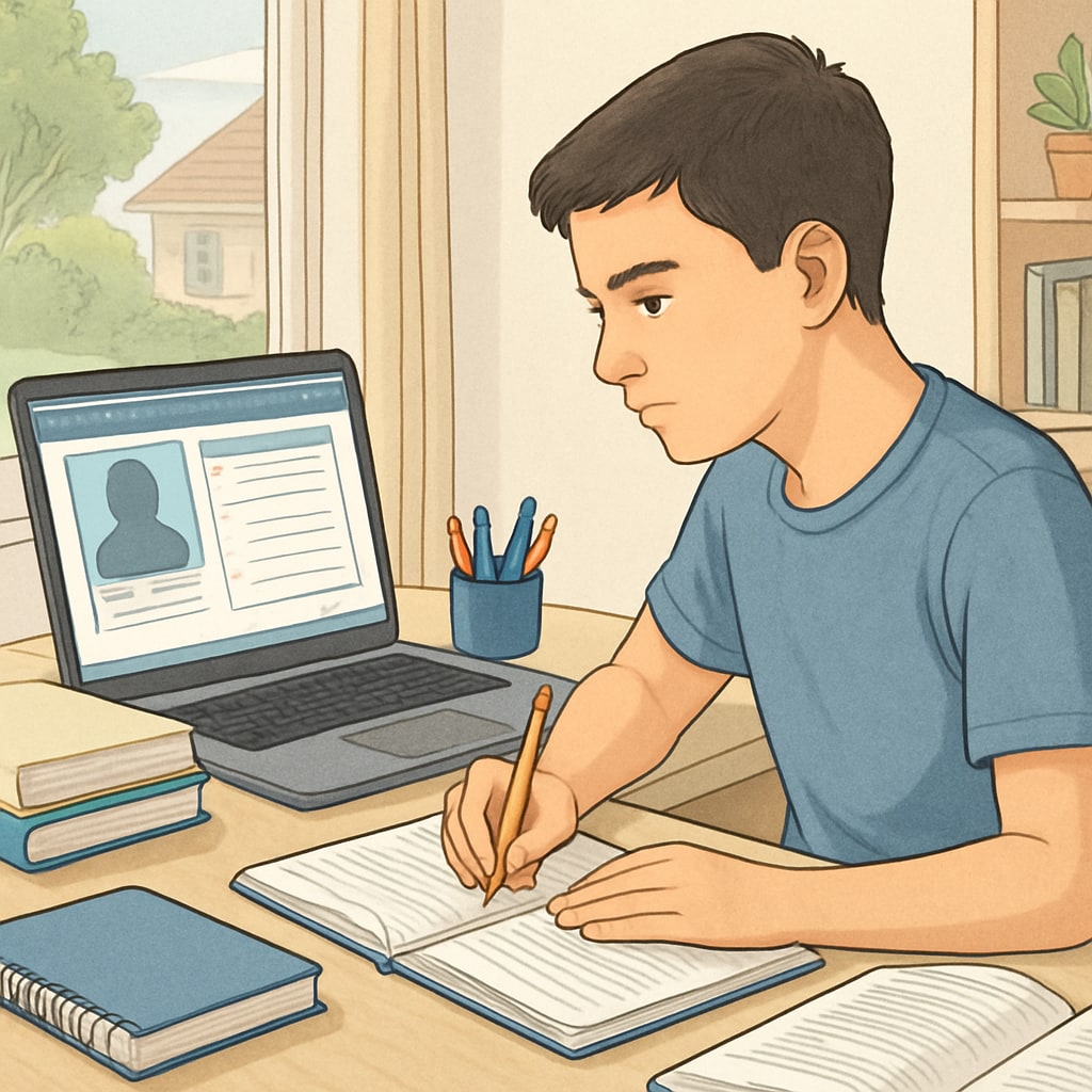 A high school student studying at home with an open laptop, engaging in an online course platform. High school student exploring extracurricular learning through an online course platform.