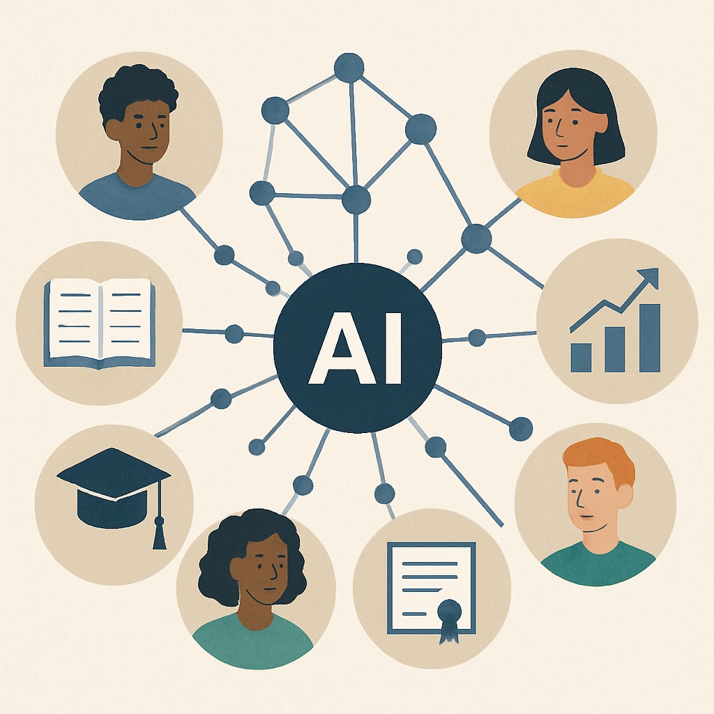 A conceptual graphic illustrating AI algorithms analyzing diverse student profiles for fair assessment. AI algorithms evaluating diverse student abilities for competitive exams in the AI era.