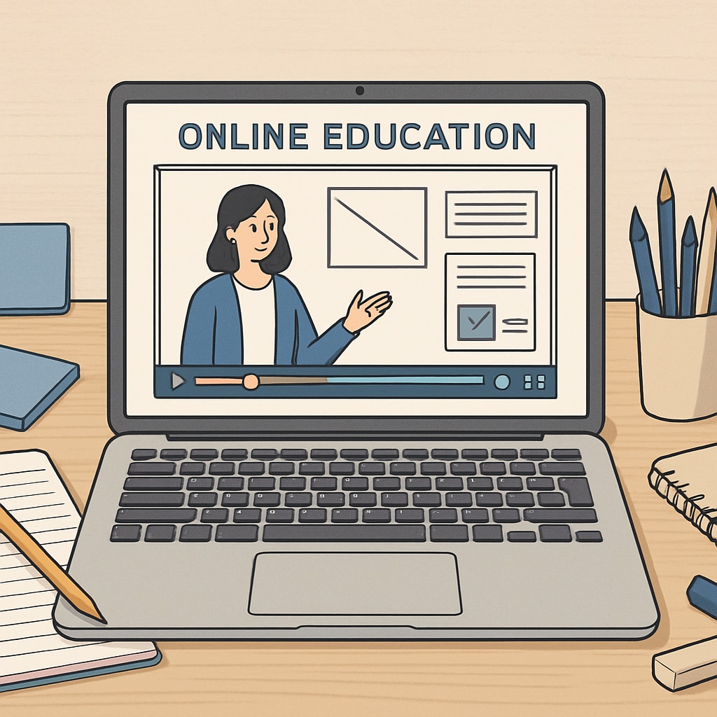 A laptop screen displaying an educational video from an online platform, surrounded by notebooks and stationery. Laptop showing an online educational video surrounded by study materials.