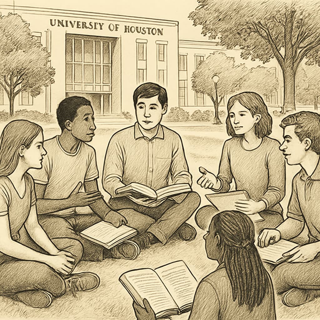 A group of students sitting in a circle on the University of Houston campus, discussing academic materials University of Houston students in a study group