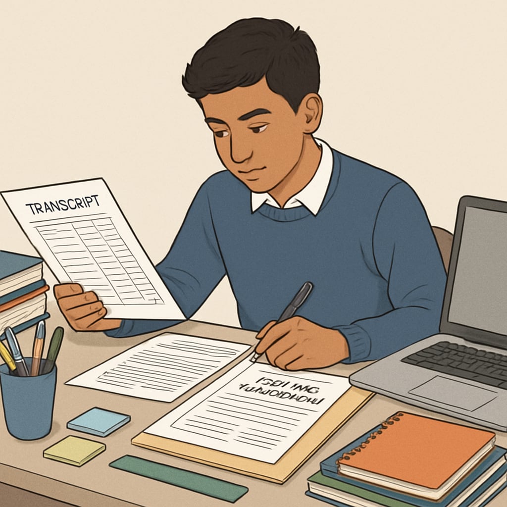A high school student reviewing their transcript while preparing a college application. A student analyzing their grades and planning their Harvard application strategy.