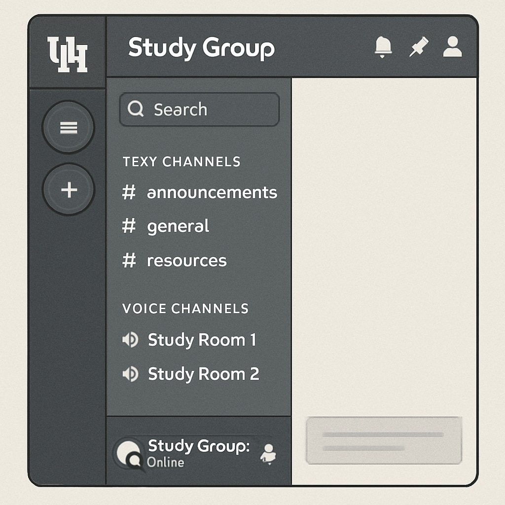 A Discord interface showing text and voice channels for a University of Houston study group Discord platform used for University of Houston study groups