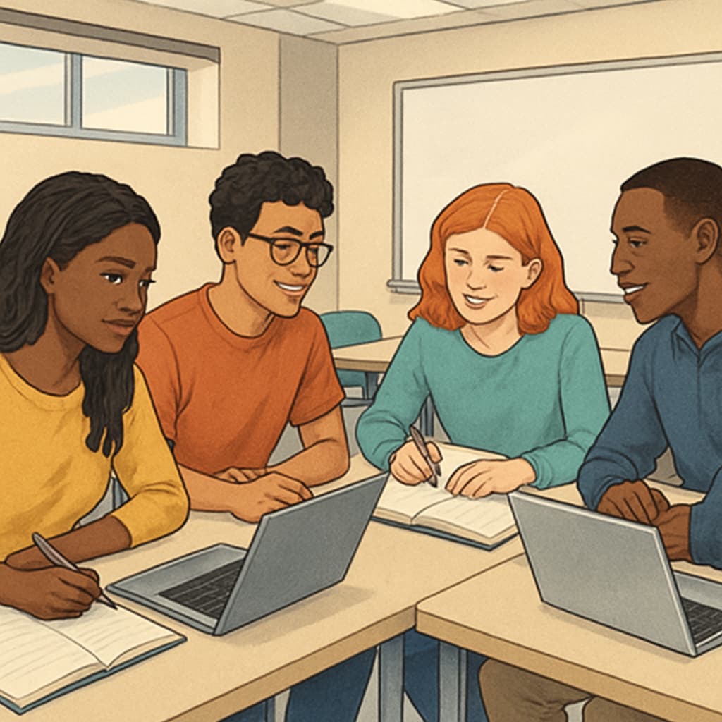 A group of diverse students collaborating in a study session using laptops and notebooks in a modern classroom setting. Students in a study group collaborating with laptops and notebooks at Houston University.