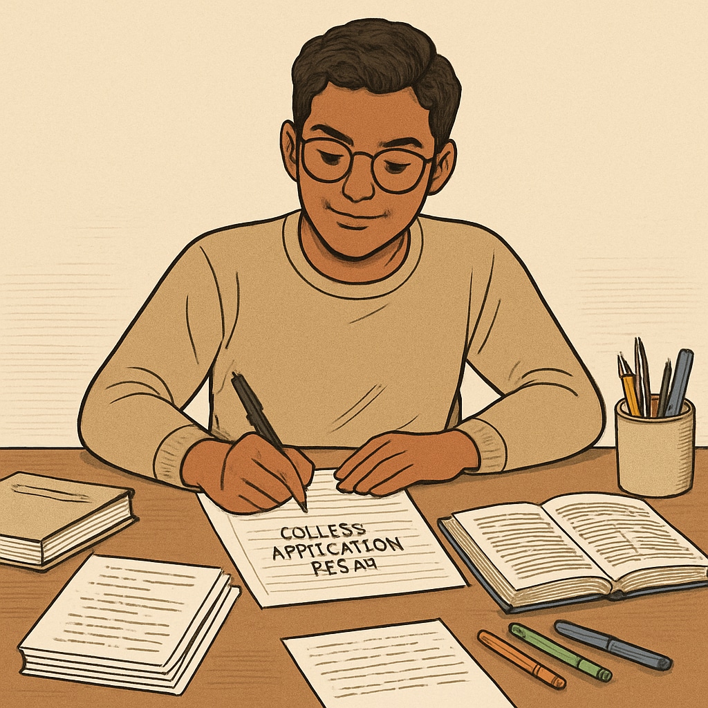 A student confidently writing their college application essay, surrounded by notes and books. A student crafting an essay to address challenges like a low grade while applying to Harvard.