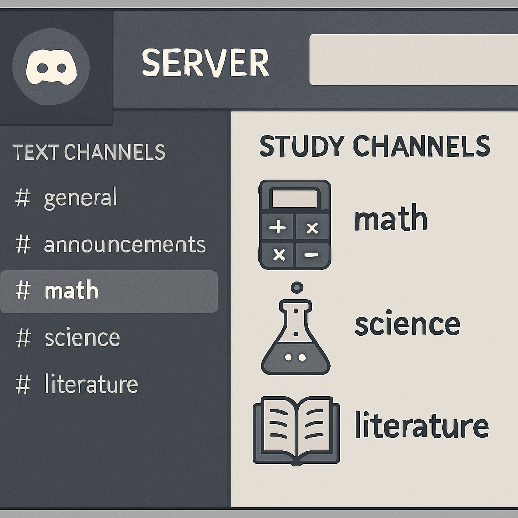 An example of a Discord server interface showing organized study channels focused on different subjects like math, science, and literature. Discord server example with study channels for math, science, and literature.