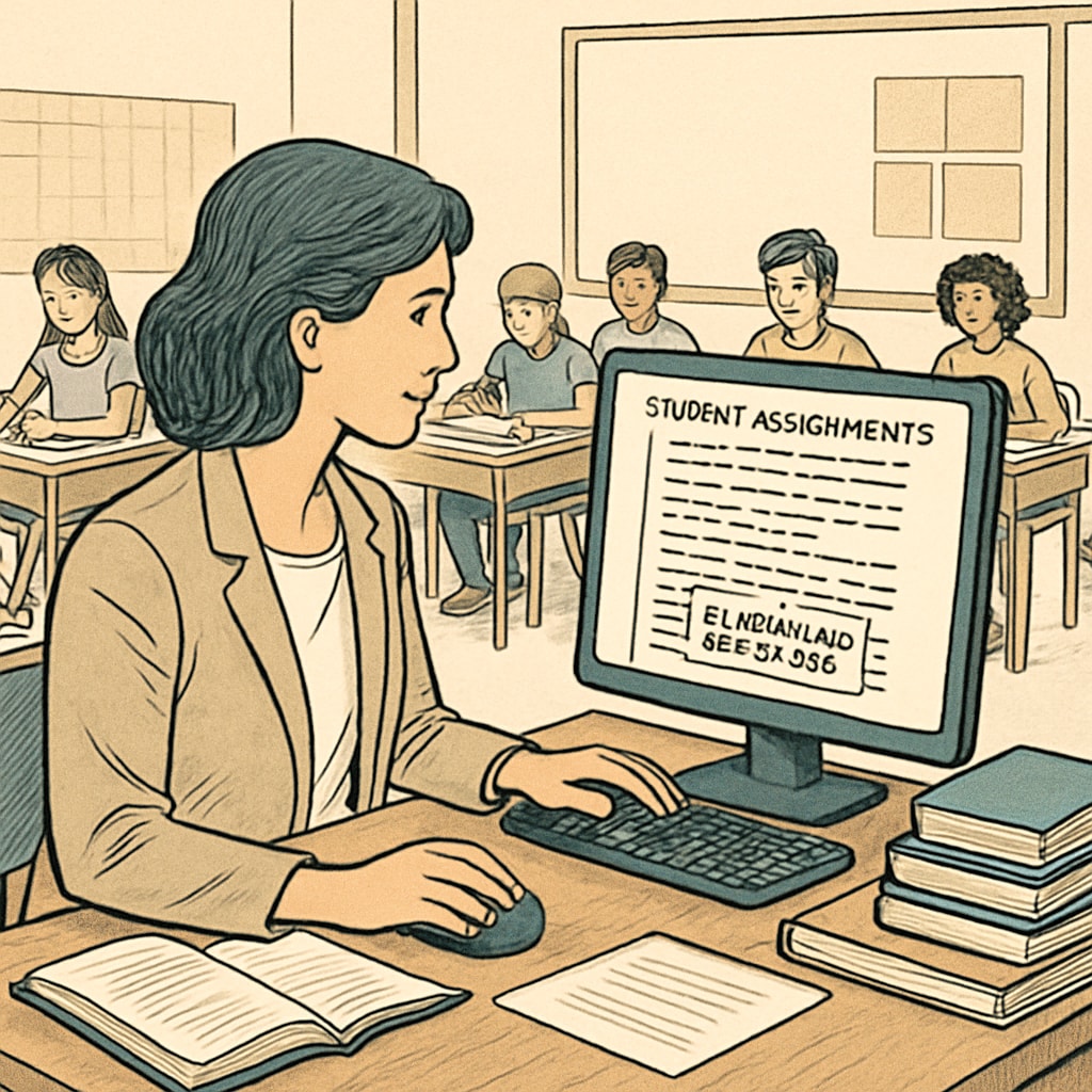 A classroom setting showing a teacher reviewing student assignments on a computer screen, representing the challenges of plagiarism detection. Teacher reviewing student assignments to detect plagiarism.
