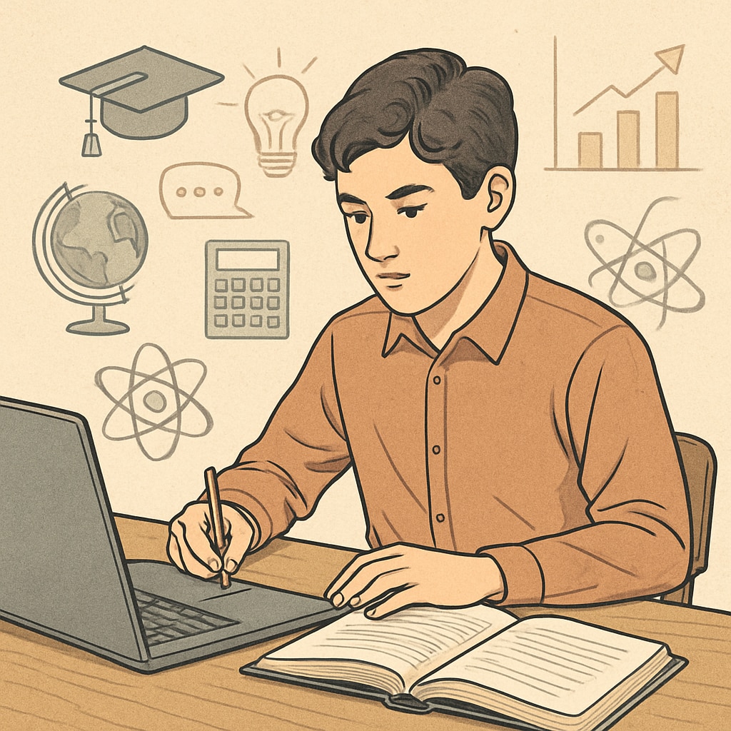 A high school student studying on a laptop, representing the use of free online education platforms such as Khan Academy or Coursera. A student using a laptop for online learning, symbolizing free educational resources.