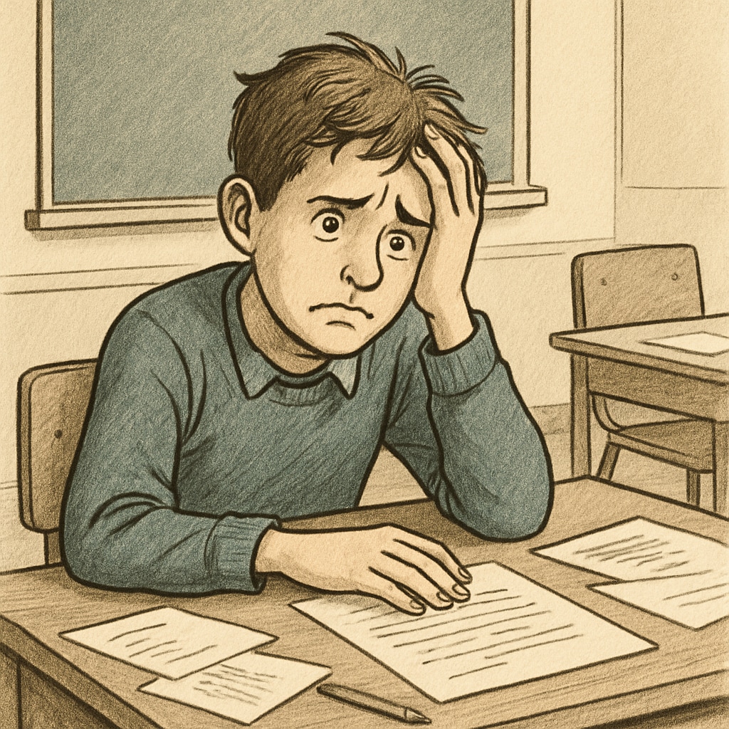 A distressed student sitting at a desk with scattered papers, symbolizing the emotional impact of wrongful accusations. Distressed student facing the consequences of plagiarism accusations.