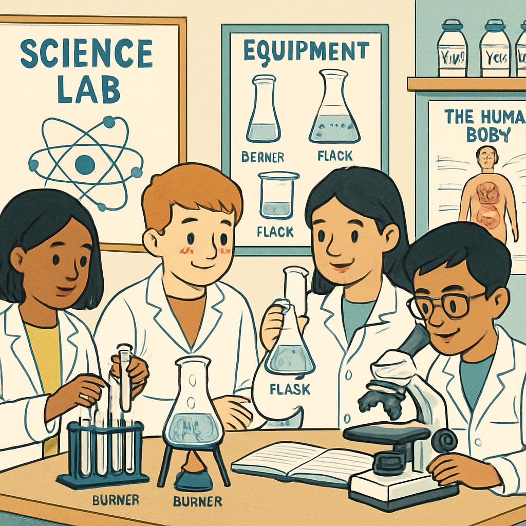 Students working together in a science lab, with labels and visual aids prominently displayed to support English learners. Science lab group work with visual aids for English learners.
