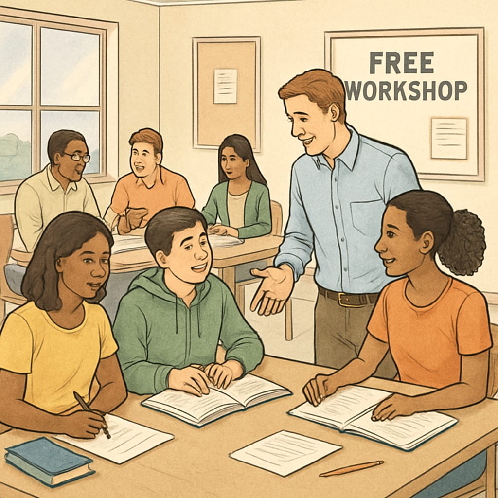 Students actively participating in a free workshop at a community center, illustrating the benefits of local resources. Students engaging in a free educational community program.