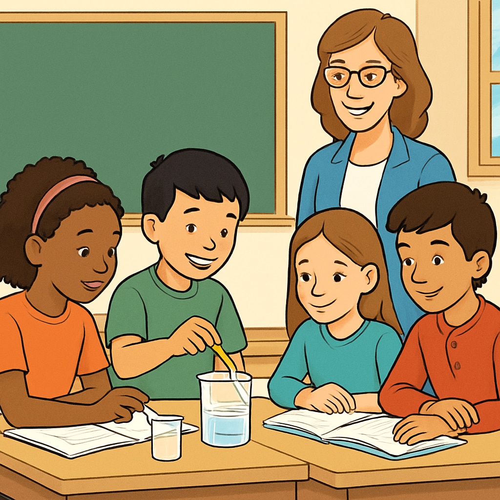 A classroom with a diverse group of students conducting a science experiment, with the teacher providing guidance. Diverse students and their teacher conducting a science experiment together.