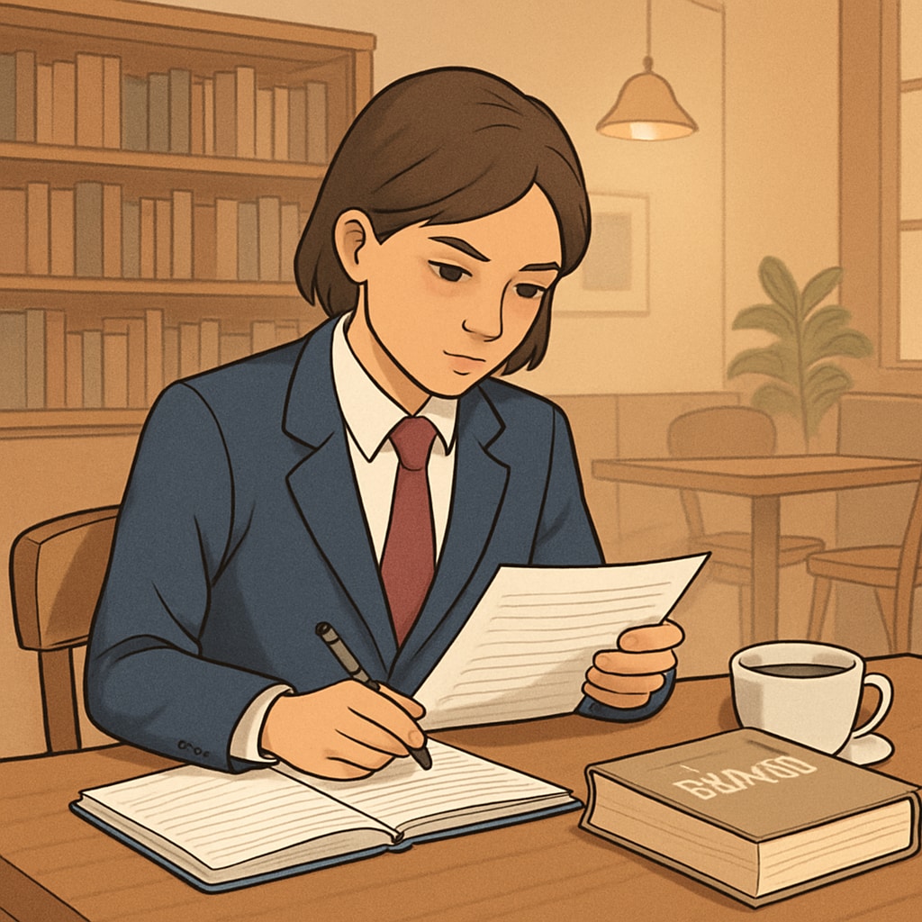 A high school student working at a café while reviewing notes for a class presentation. A high school student balancing part-time work and academics in a café setting.
