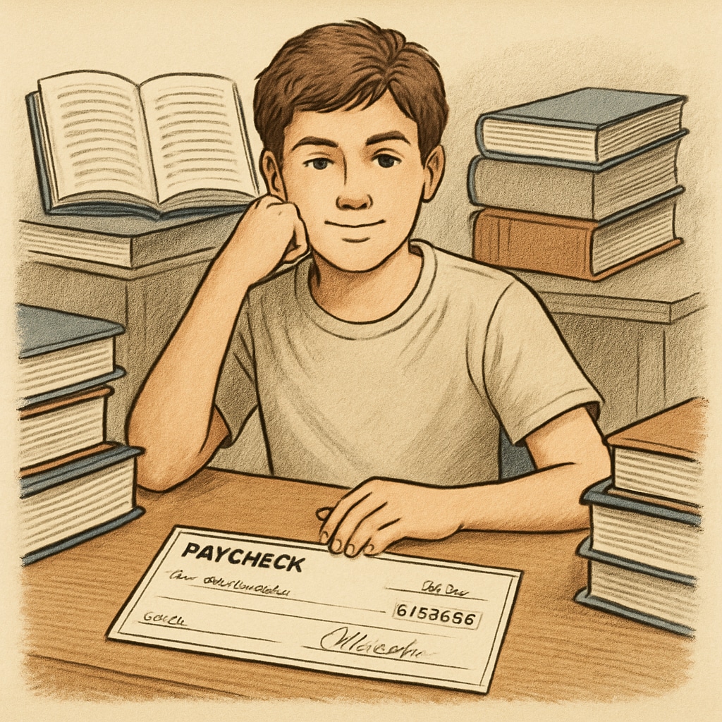 A teenager sitting at a desk with school books and a paycheck, symbolizing the balance between work and study. A teenager managing school and earnings, illustrating work-study balance.