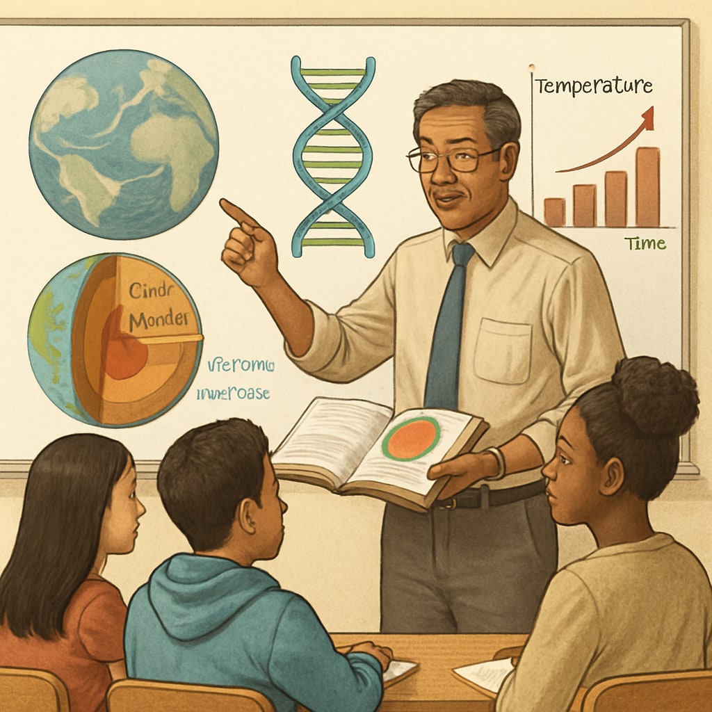 A high school science teacher using visual aids to explain scientific concepts to English learners. Science teacher using visual aids to support English learners in understanding concepts.