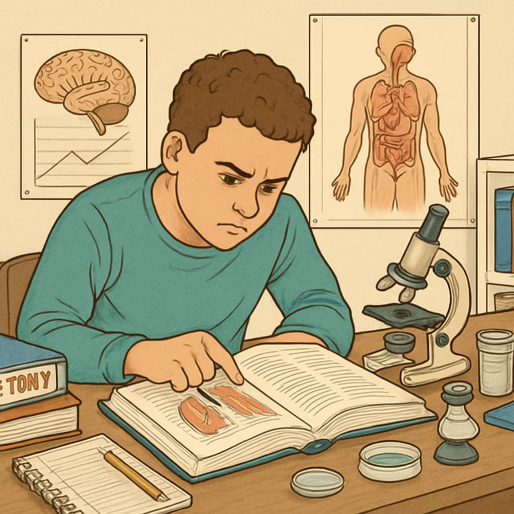 A determined student with learning difficulties studying medical textbooks, symbolizing perseverance in the face of challenges. Student with learning difficulties pursuing medical dreams.