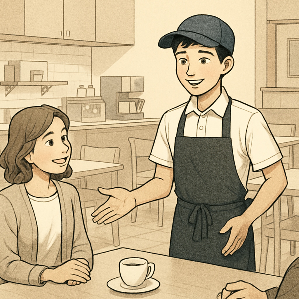A high school student working at a café, interacting with customers. This image highlights the benefits of part-time jobs for teenagers, such as developing interpersonal and customer service skills. High school student working at a café, representing the benefits of part-time jobs.