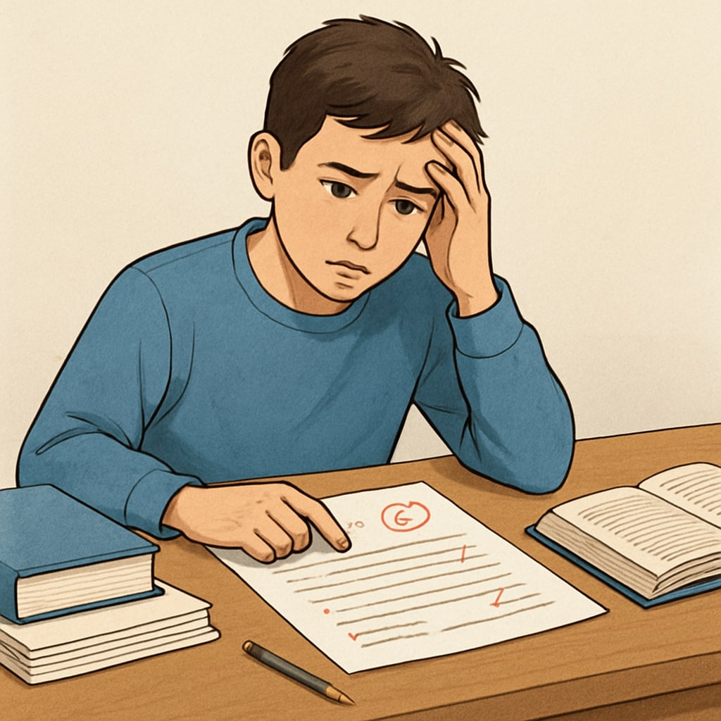 A thoughtful student sitting at a desk, looking concerned while reviewing a marked assignment. Concerned student reviewing an assignment, highlighting the impact of false plagiarism accusations.