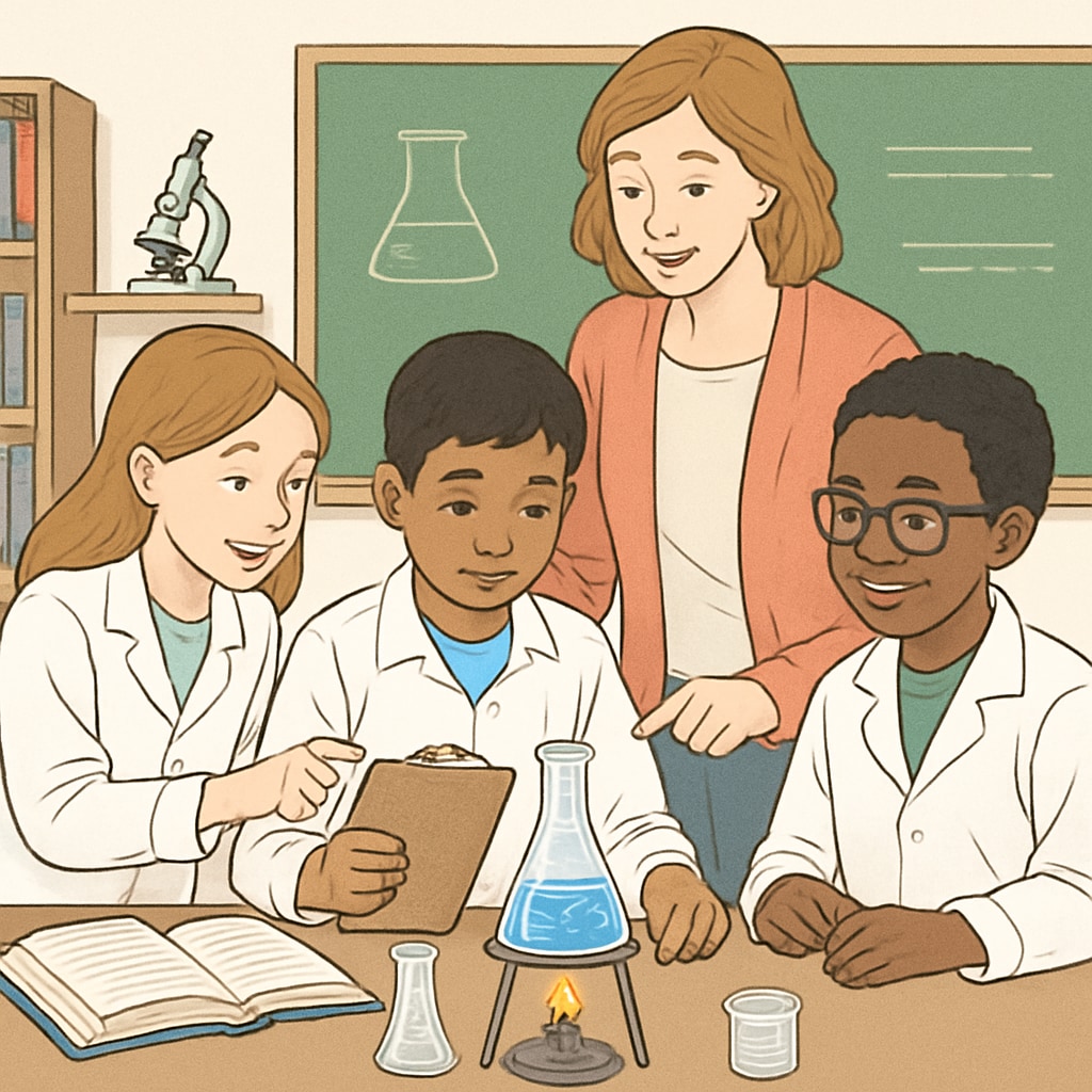 A group of students conducting a science experiment, with an English learner receiving assistance from peers and a teacher. Students conducting science experiments with teacher support for English learners.