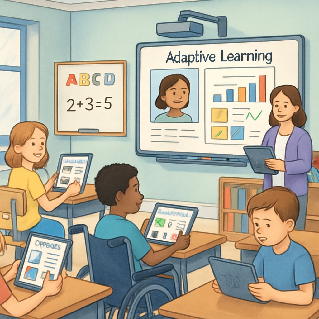 A classroom equipped with adaptive learning tools and technologies, illustrating inclusivity in education. Inclusive learning environment for students with difficulties.