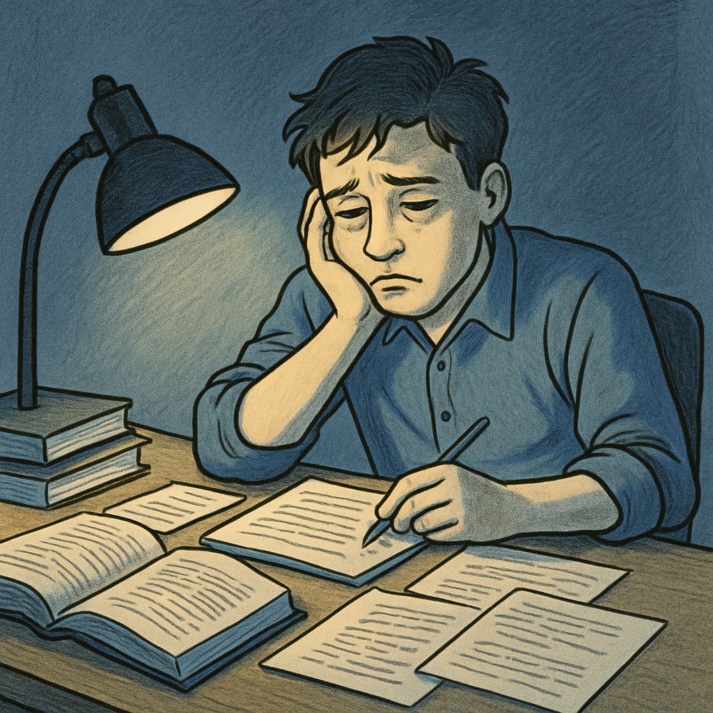 A student studying late at night, looking tired and surrounded by textbooks. This image illustrates the challenges of balancing work and academics. A student studying late at night, showing the academic impact of part-time jobs.