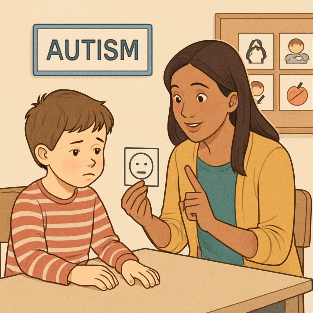 A teacher assistant engaging with a child with autism, demonstrating communication strategies. The image showcases a supportive learning environment. Teacher assistant working with a child with autism in a classroom setting.