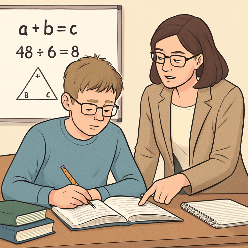 A high school student with a learning disability studying with the help of a tutor, demonstrating personalized education support. High school student with learning difficulties receiving tutoring support.