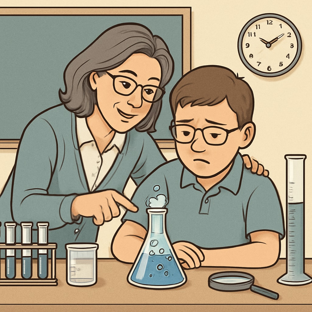 A mentor guiding a student with learning difficulties through a science experiment in a supportive learning environment. Mentor assisting a student with learning difficulties in a science lab.