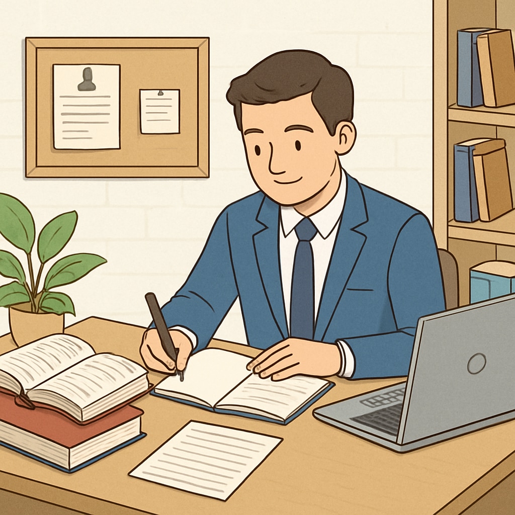 A candidate reviewing educational materials and preparing for an interview. The image emphasizes preparation and professional growth. Candidate preparing for a special education interview with a notebook and educational resources.