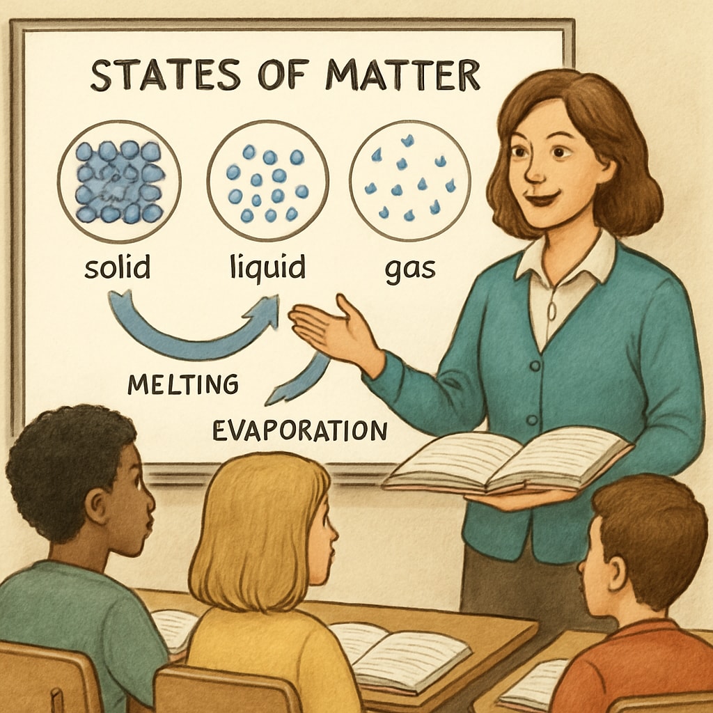 A teacher using a diagram and visuals to explain a scientific concept to students, emphasizing language support. Teacher using diagrams and visuals for science teaching with English learners.